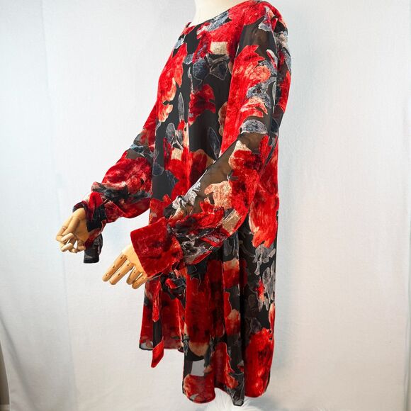 Neiman Marcus | Flocked Velvet Red and Cream and Black Dress | Sz 12 - Picture 11 of 14